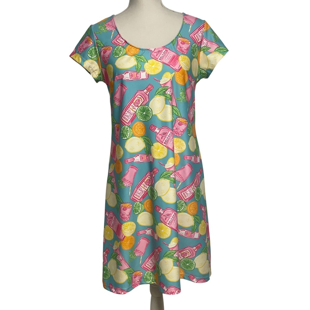 Kaeli Smith Bright Cocktail Pink Bourbon Gin Novelty Print Shift Dress Women's L